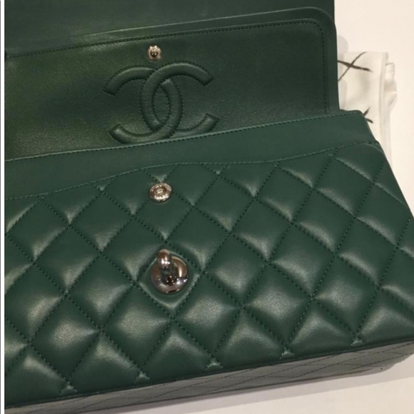 100AUTH CHANEL Green Double Silver Chain Flap Bag - Picture 2 of 10